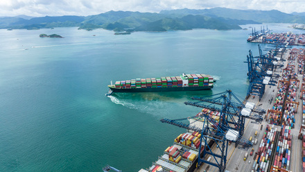 Aerial view of Manufacturing logistics cargo container ship at ship port in Yantian port, shenzhen city, China.