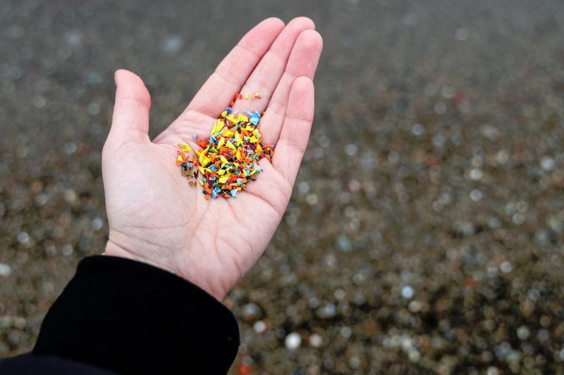 open palm filled with tiny microplastic particles. Credit: Shutterstock.