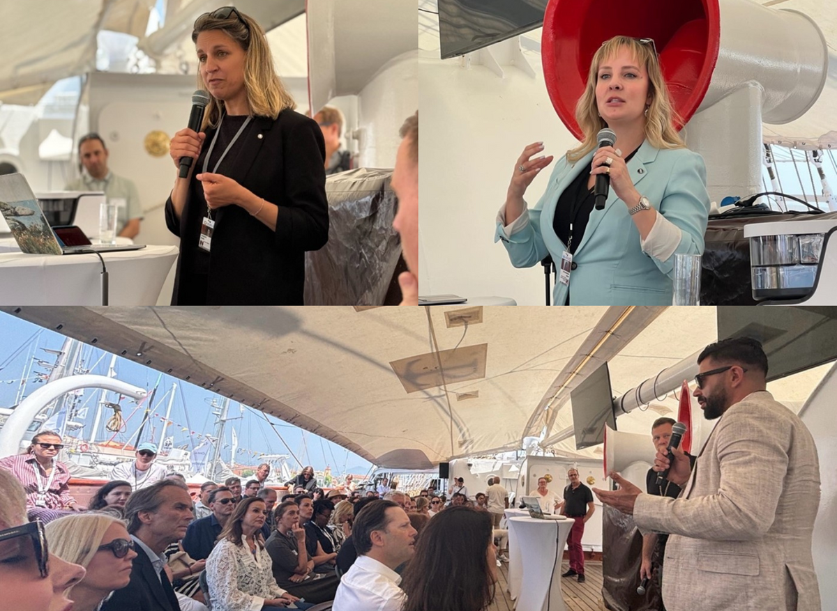 IMarEST MMSIG member and Whale Seeker CEO Emily Charry Tissier, and IMarEST Delegation Ashley Noseworthy and Niru Dorrian pitching at Innovation in an Ocean World onboard the Statsraad Lehmkuhl